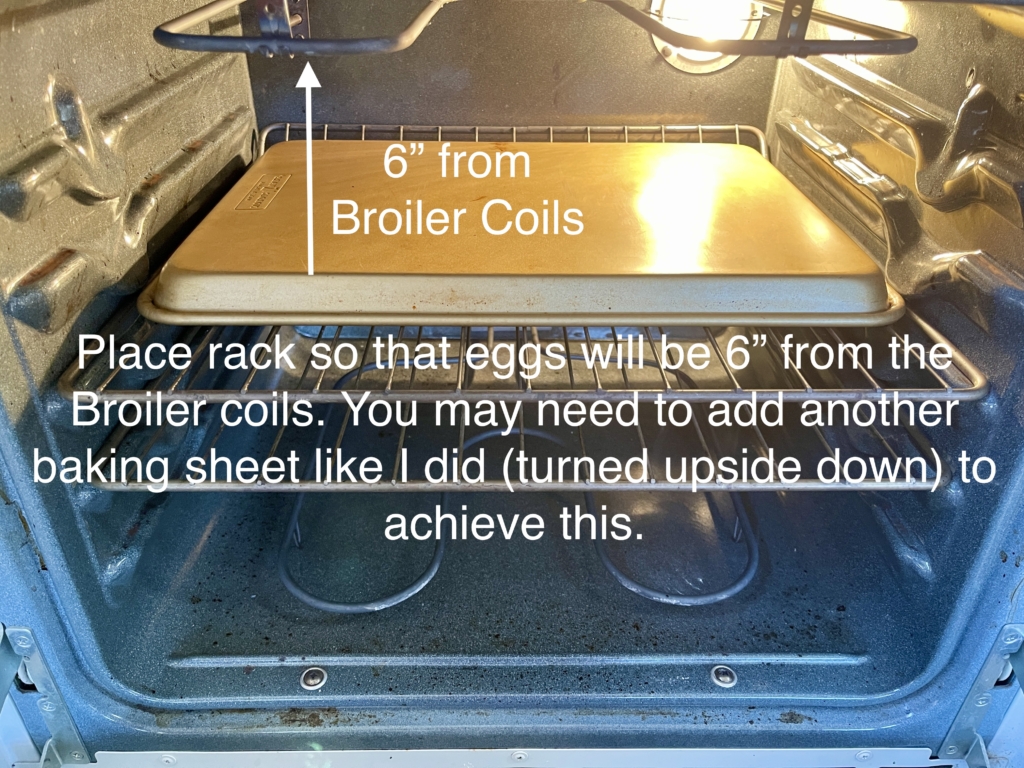 In order to achieve set, firm whites while having runny yolks, you'll need to make sure the eggs are 6" from the broiler coils. Moving the rack down and adding another baking sheet turned upside down can help accomplish this.