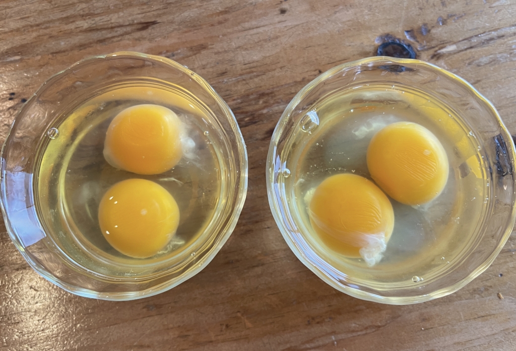 Carefully crack eggs into 2 small bowls, 2 eggs in each bowl without breaking the yolks. Season each with a pinch of kosher salt and freshly ground pepper (It's very important to have the eggs ready to go before you start cooking. Don't forget to use room temperature eggs for best results)