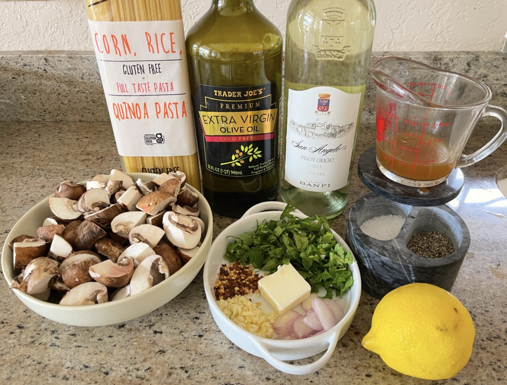 ingredients - cremini mushrooms, garlic, parsley, shallots, butter, red pepper flakes, black pepper, lemon juice and zest, white wine, vegetable broth and kosher salt. Serve with pasta, if desired.