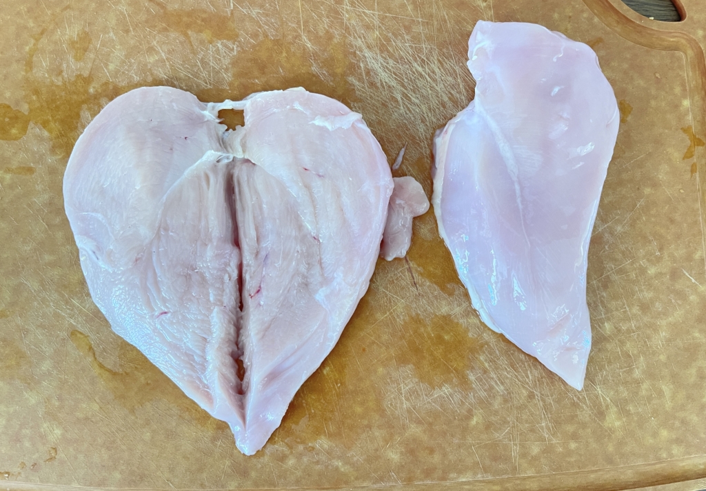 If the breasts you buy are thick, slice them in half horizontally.