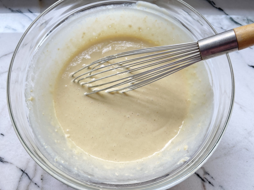 Then combine the dry and wet ingredients together in the large bowl with a spoon or whisk.