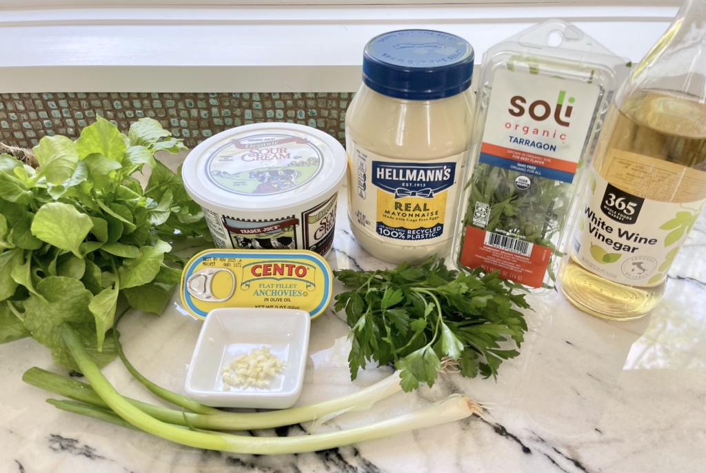 ingredients - watercress, anchovies, mayo, sour cream, parsley, scallions, tarragon and white wine vinegar.