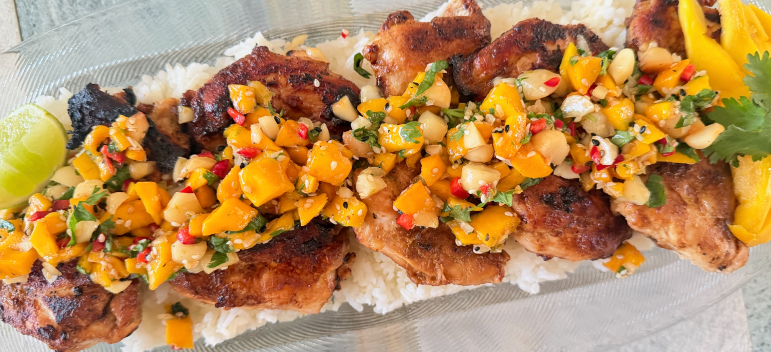 Red Curry Chicken Thighs with Mango Macadamia Relish